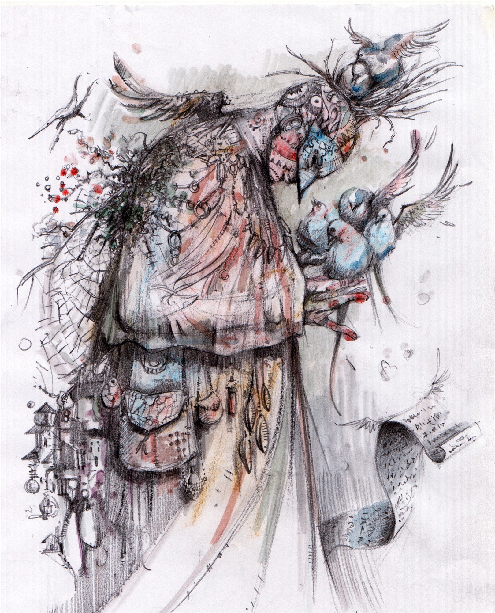 Original drawing of birds woven through layered organic forms, loose dark marks, and blue and red color accents.