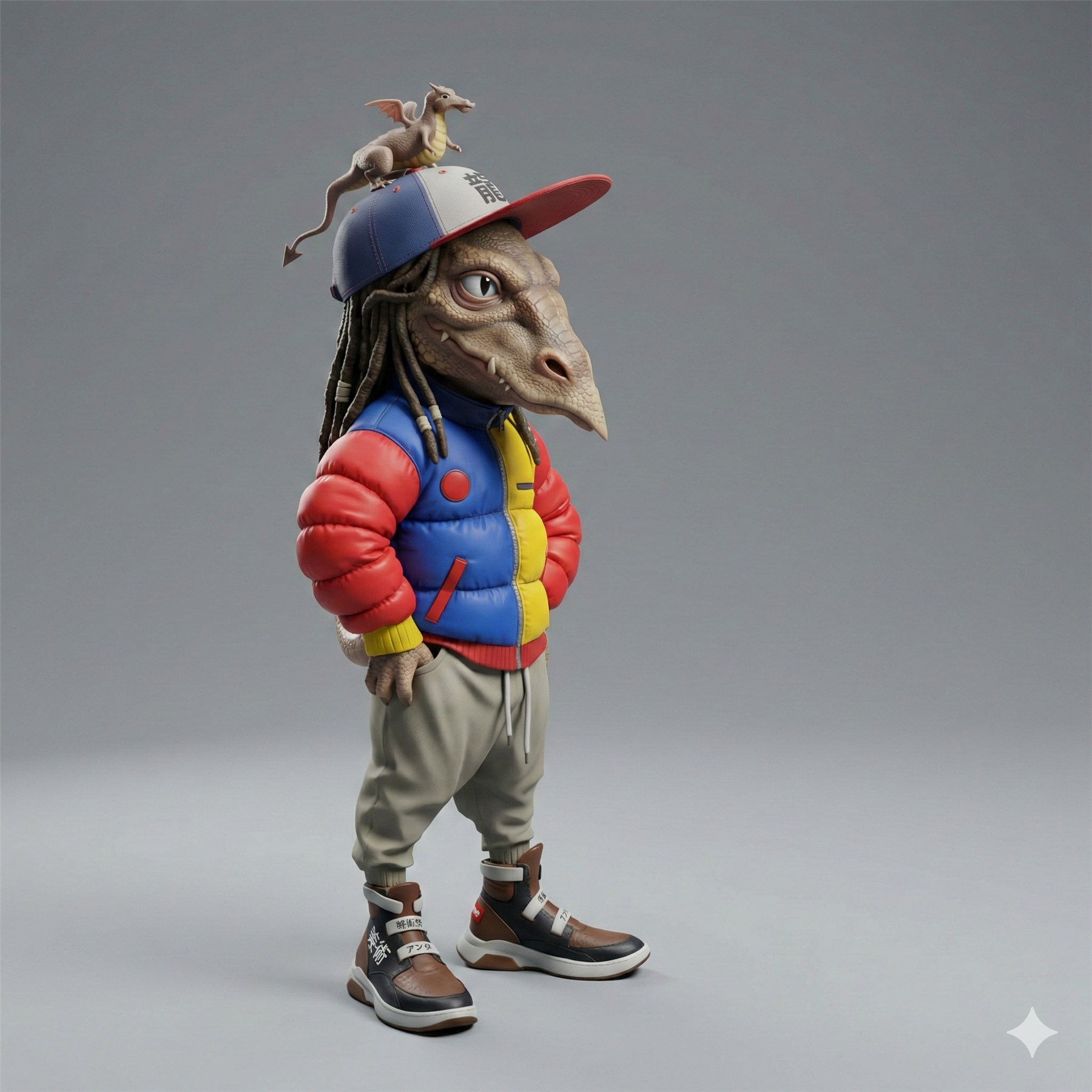 AI-generated long-snouted character in a bright blue, red, and yellow padded jacket, with a small dragon perched on the cap.