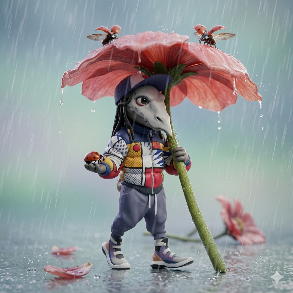 AI-generated scene of the long-snouted character sheltering under a large pink flower in the rain, with ladybirds on the petals and an outstretched hand.