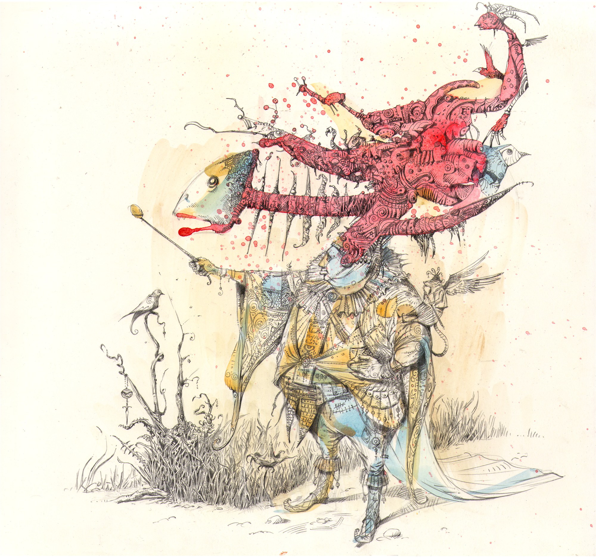 Original drawing of an imagined world with a red branching creature, a blue and yellow figure, birds, and intricate patterns.