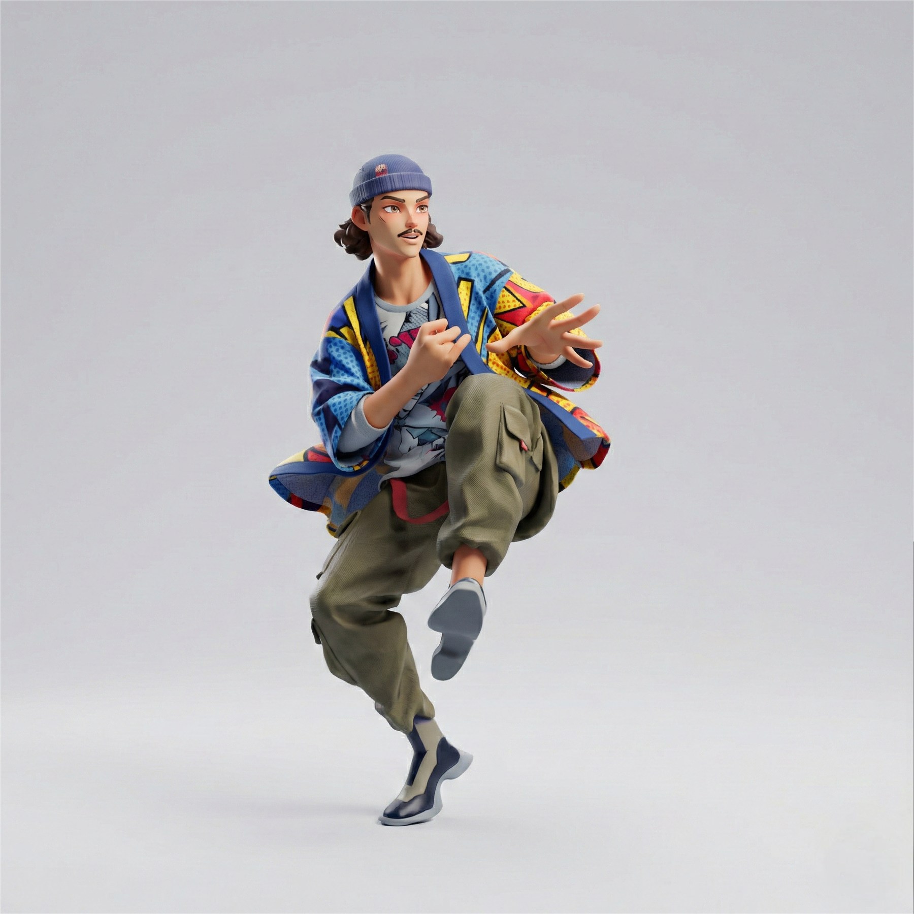 AI-generated stylized figure preserving the raised-knee pose, with a blue beanie and colorful patterned jacket.