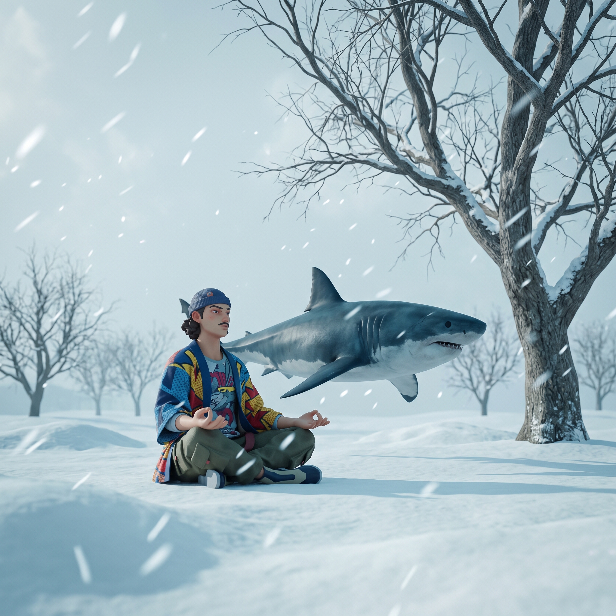 AI-generated scene of the character in a blue beanie and patterned jacket sitting cross-legged in a snowy landscape, beside a floating shark.