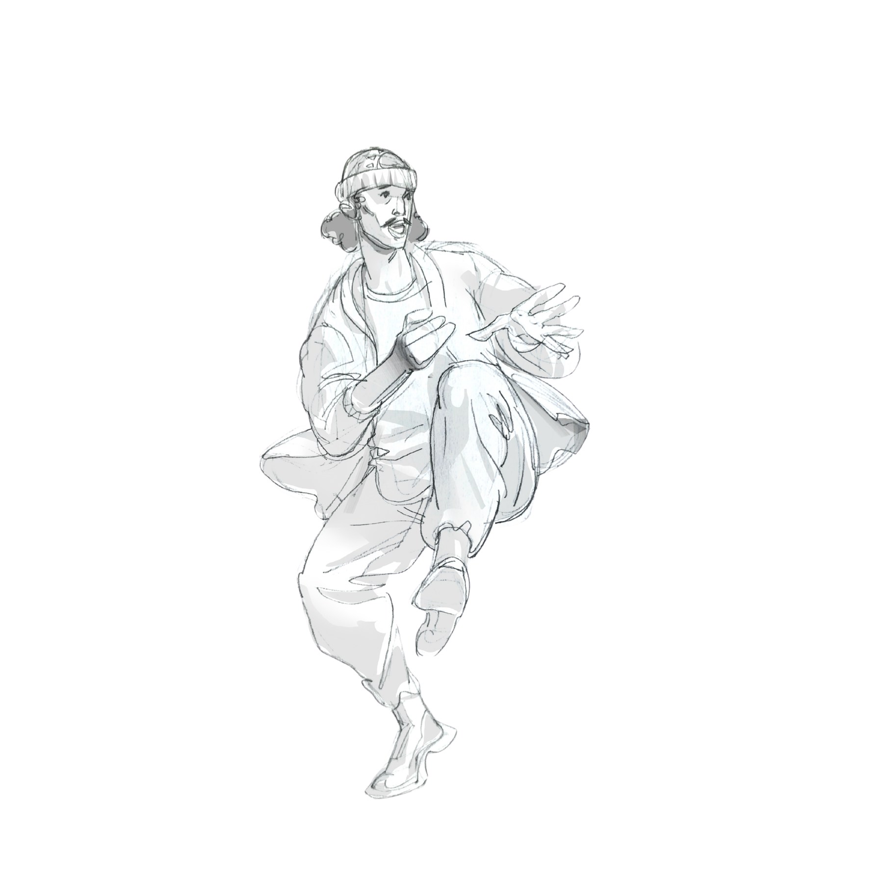 Original sketch of a figure in a beanie and loose jacket balancing with one knee raised and one hand extended.