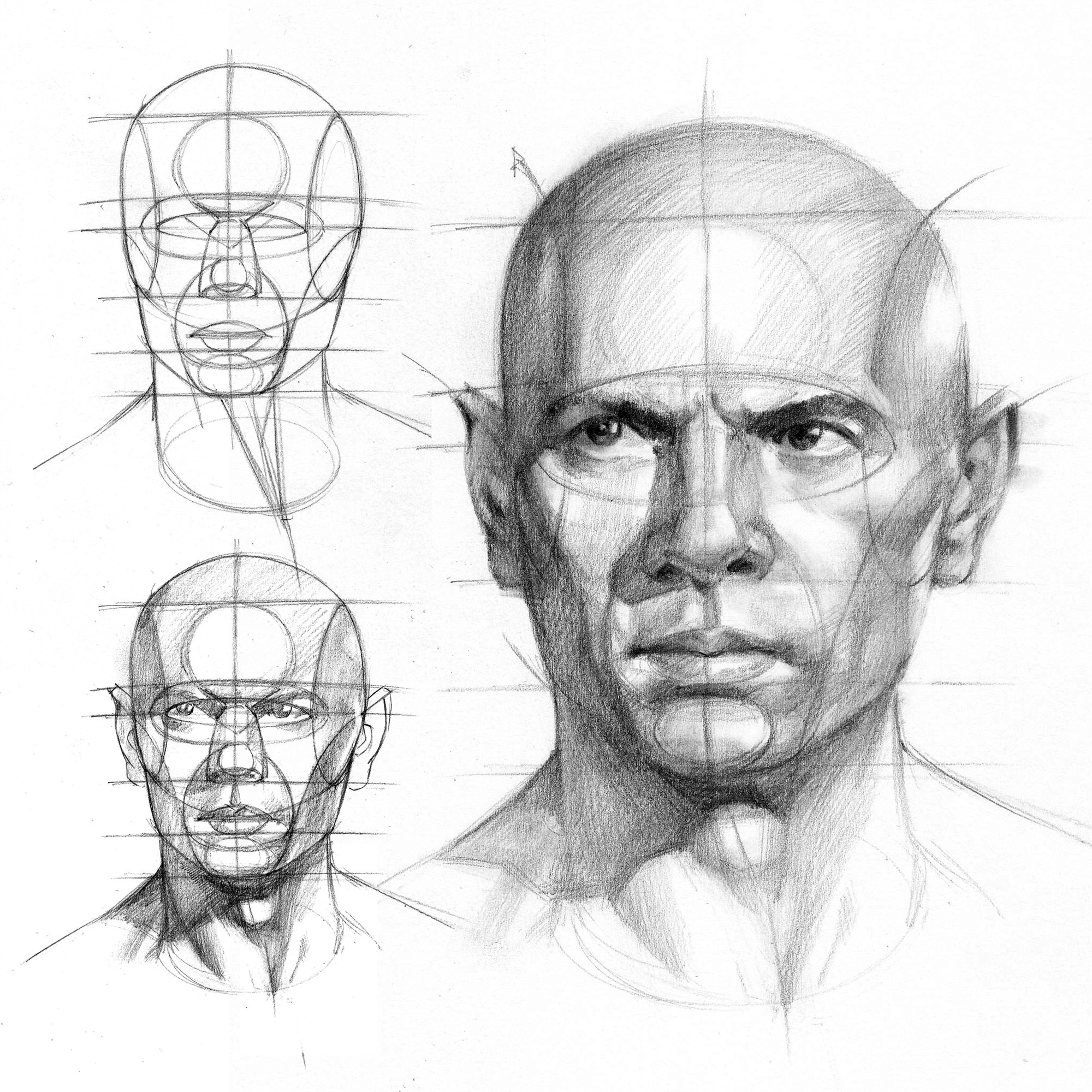 Original drawing of a shaded male portrait beside two smaller head construction studies with visible guide lines.