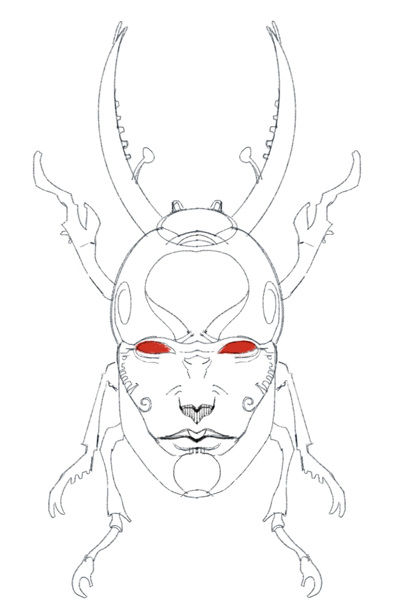 Original line drawing of a symmetrical mask-like character with long branching forms and vivid red eyes.