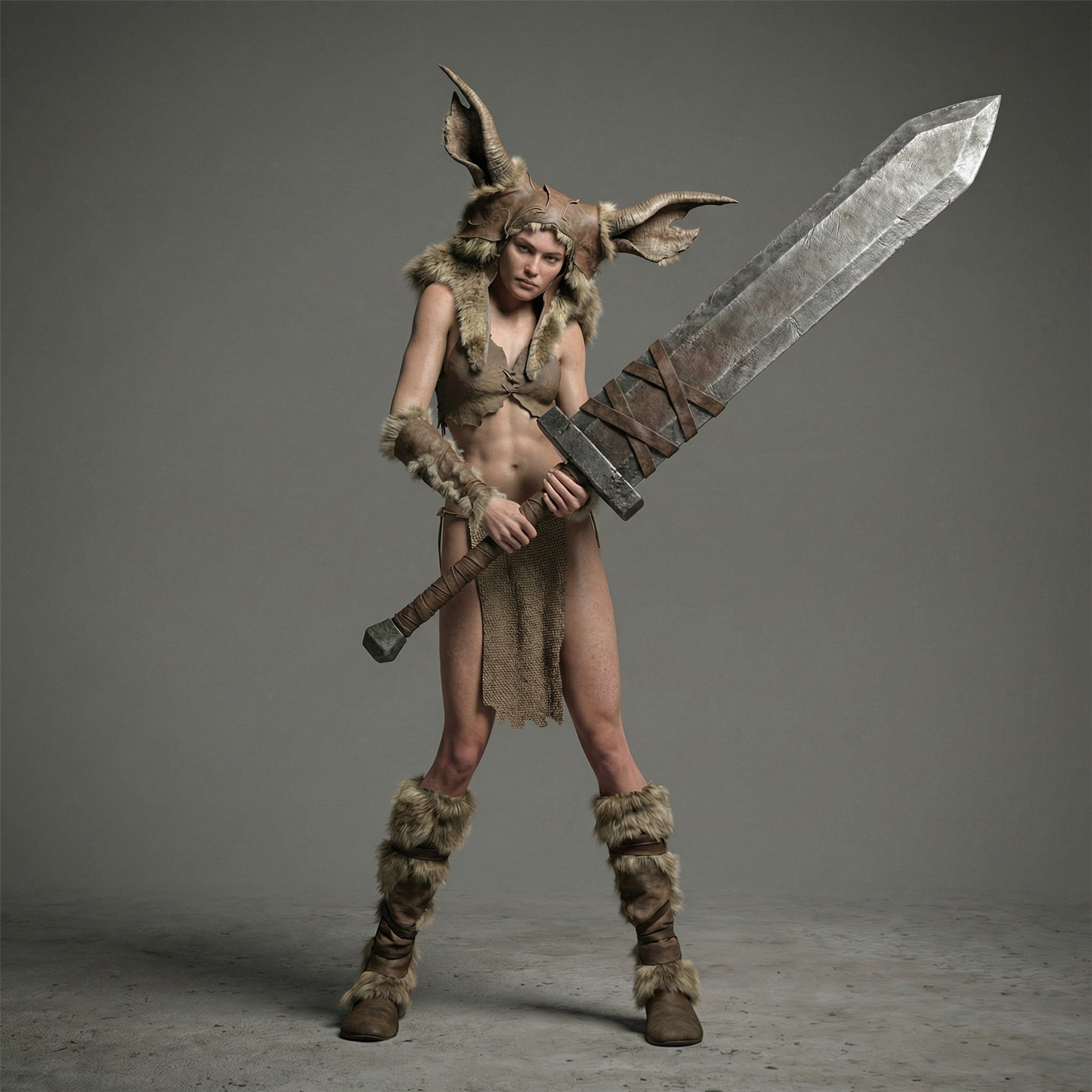 AI-generated interpretation of the warrior with a horned headpiece, fur and leather clothing, and an oversized sword.
