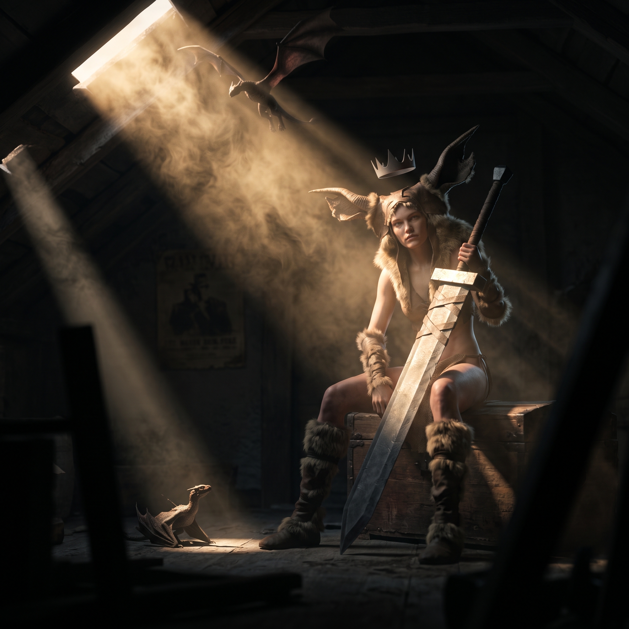 AI-generated scene of the horned warrior seated with an oversized sword in a dark wooden interior, with small dragons and a beam of sunlight.