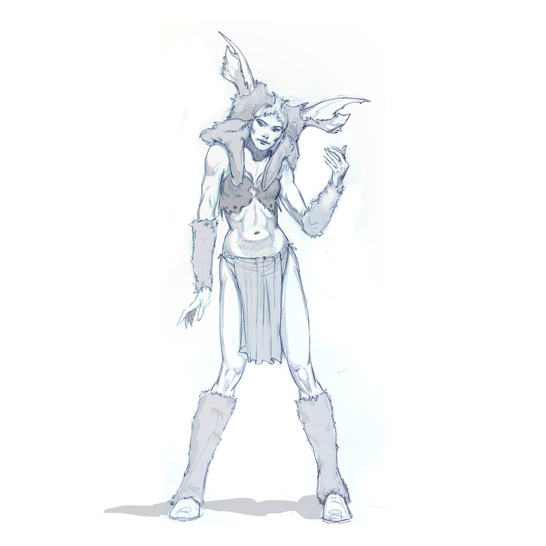 Original full-body sketch of a warrior wearing a horned headpiece, cropped top, skirt, and fur-lined boots.