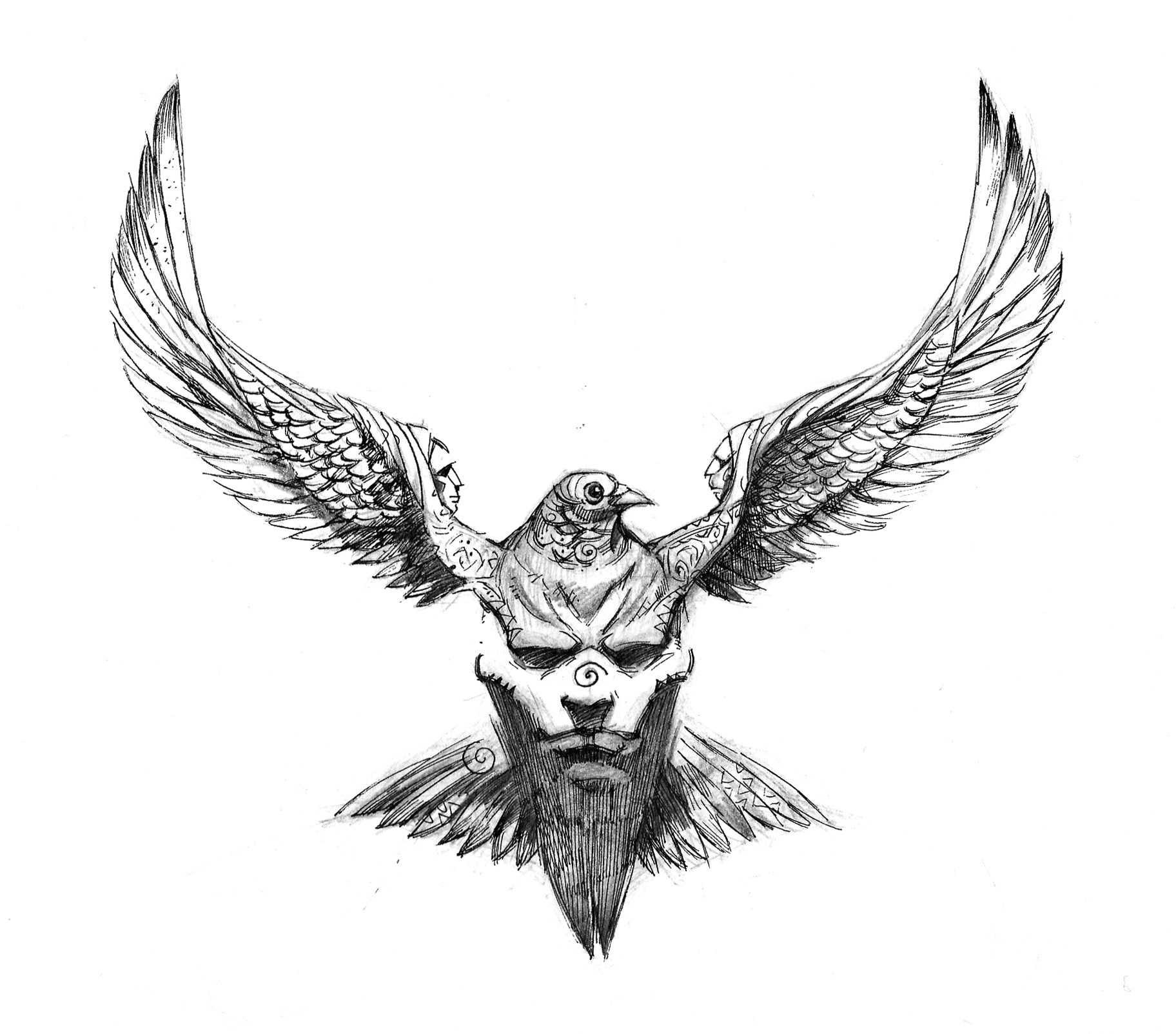 Original black and white drawing of a mask-like face with a bird above it and two large feathered wings.